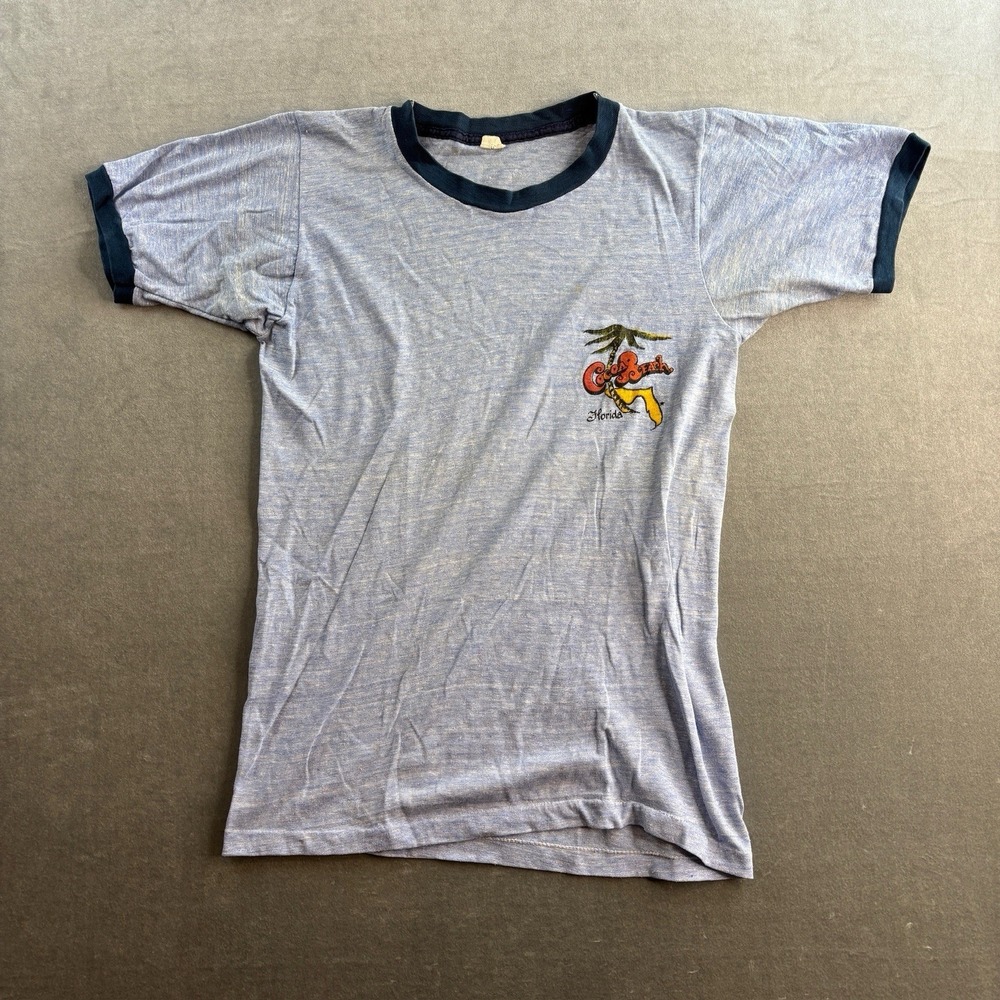 Vintage Cocoa Beach Florida Ringer T Shirt‎ Blue Single Stitch Style Men's XS/S